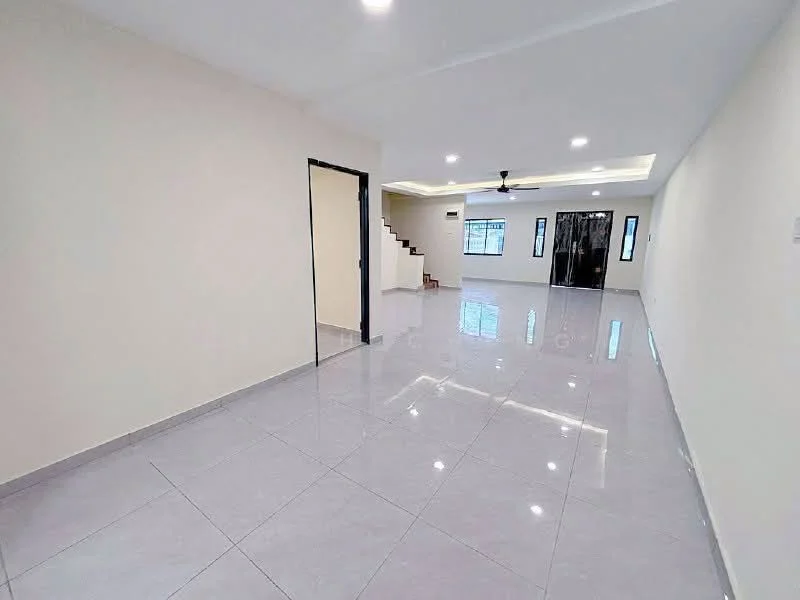Living features: white painted walls, glossy ceramic tile flooring, recessed downlights, 5-blade ceiling fan, large windows, open layout, staircase visible, neutral color scheme; style: modern.
