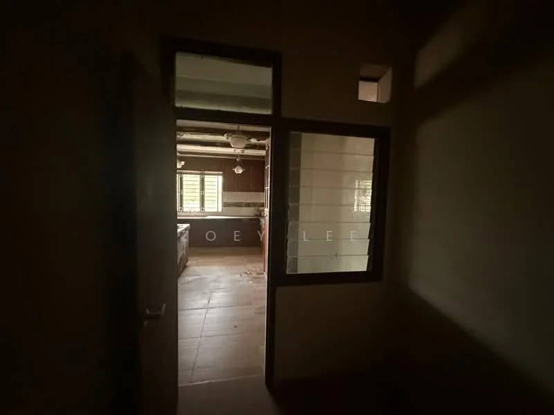 Room features: wooden door, glass panel, tile flooring, window with horizontal slats, ceiling with exposed beams, light fixture, kitchen visible in background.