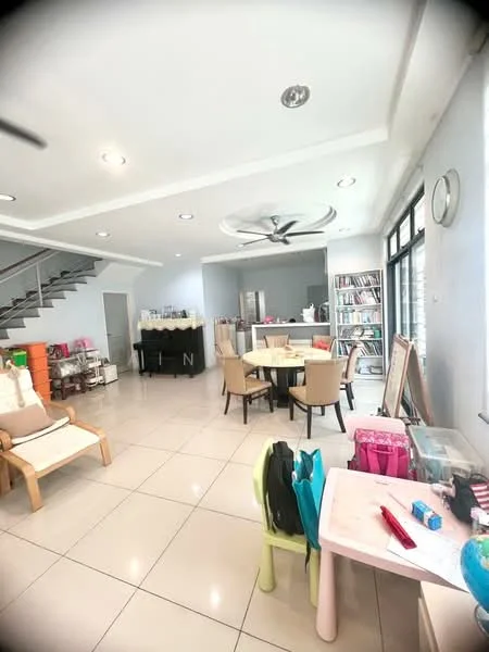 Living features: white painted walls, polished ceramic tile flooring, 5-blade ceiling fan with light, large windows with natural light, open layout, sofa, dining table, bookshelf, decorative wall clock, staircase, area rug; style: modern.