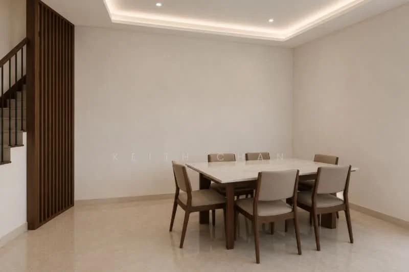 Dining features: 6-seater dining table, marble tabletop, upholstered dining chairs, cream painted walls, recessed lighting, neutral tile flooring, wooden staircase visible, decorative wooden paneling; style: modern.