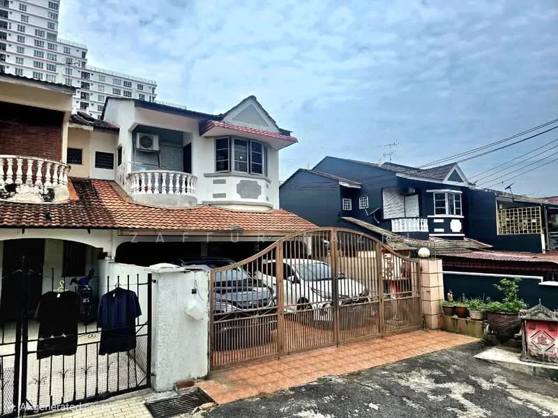 Exterior type: semi-detached house; features: two-storey building, red tiled roof, white painted facade, balconies with decorative railings, gated entrance, paved driveway, multiple car parking spaces, mature trees in vicinity, surrounded by residential buildings, visible air conditioning units; style: traditional.