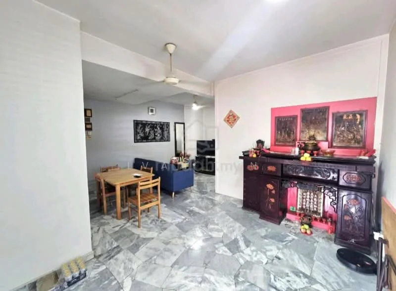 Living features: marble flooring, white painted walls, ceiling fan, wooden altar with decorative items, dining table with four chairs, blue fabric sofa, decorative wall art, wall-mounted decorations; style: traditional.