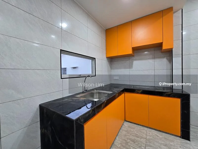 Kitchen features: orange cabinetry, black granite countertop, single-bowl stainless-steel sink, chrome pull-down faucet, white tiled walls, grey tiled flooring, window above sink, under-cabinet lighting; style: modern.