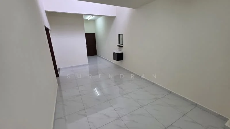 Room features: white painted walls, marble tile flooring, ceiling lights, mirror on wall, wooden door, wall-mounted shelf; style: modern.