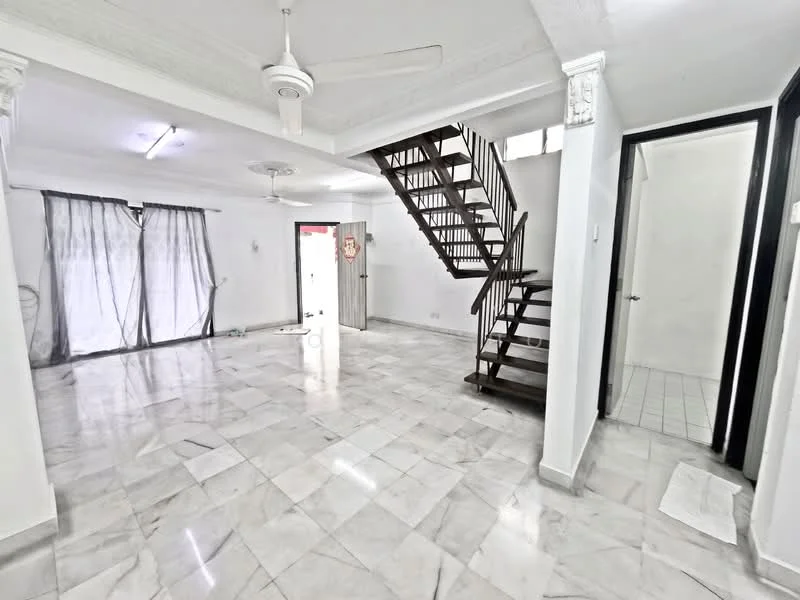 Living features: marble flooring, white painted walls, ceiling fan, 5-blade ceiling fan, staircase with wooden steps, large windows with sheer curtains, doorway leading to another room, doorway leading outside; style: modern.