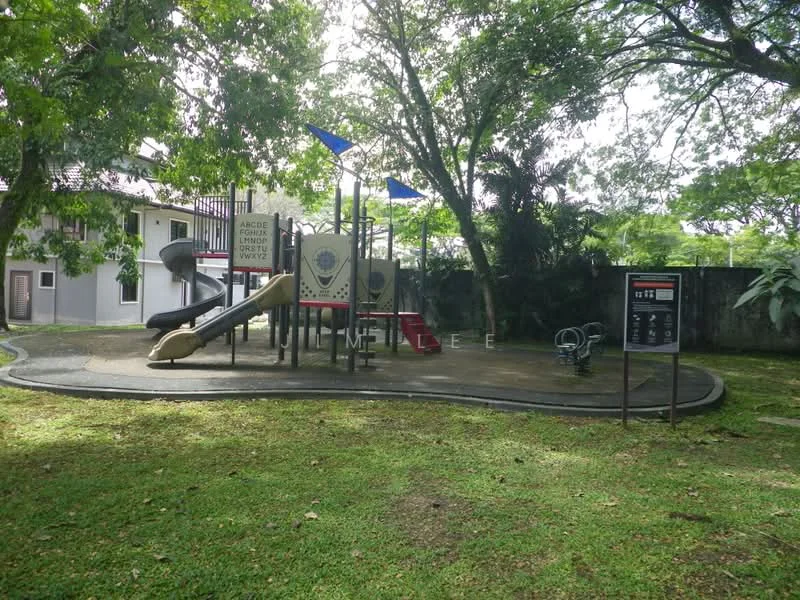 Exterior type: landscape garden; features: children's playground, slide, climbing structure, swing set, rubberized safety flooring, manicured lawn, mature trees, park benches, signage for playground rules; style: modern.