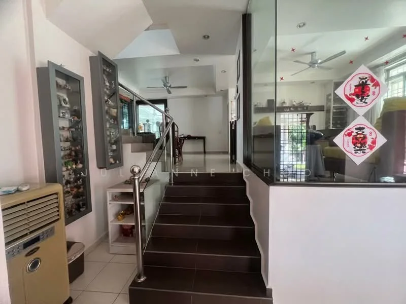 Room features: staircase with dark tiled steps, glass railing, wall-mounted display cabinets, air conditioning unit, white walls, ceiling fan, large windows, decorative wall art, tile flooring, open layout; style: modern.