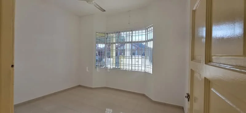 Room features: white painted walls, tile flooring, large bay window with metal grille, ceiling fan, natural light from window, neutral color scheme, corner room, no visible furniture; style: minimalist; view: city.