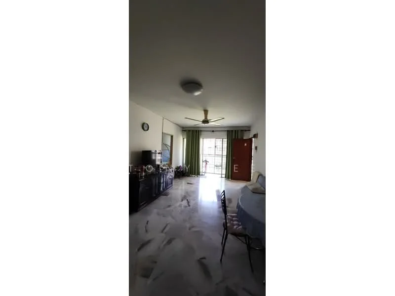 Living features: marble flooring, white painted walls, 5-blade ceiling fan with light, floor-to-ceiling windows, green curtains, wooden door, TV console, decorative plants, round dining table, chairs; style: modern; view: garden.