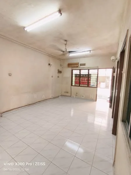 Room features: white painted walls, plain ceiling, fluorescent ceiling lights, wall-mounted air conditioning unit, large window with grid pattern, white ceramic tile flooring, ceiling fan, door leading outside; style: minimalist.