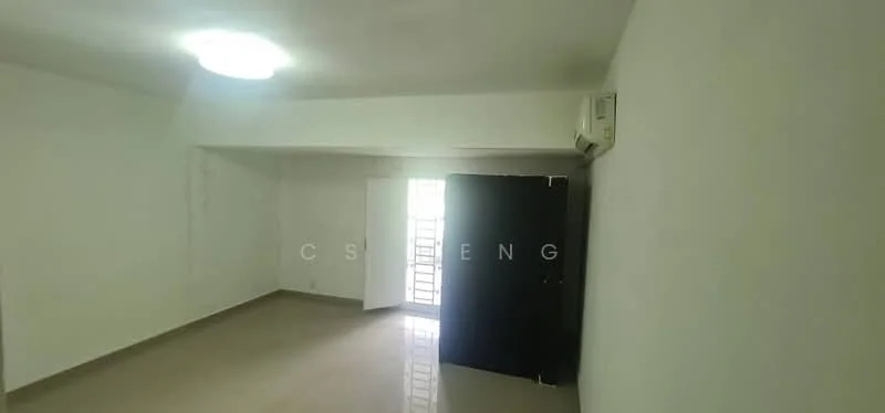 Room features: white painted walls, polished tile flooring, ceiling light fixture, wall-mounted split AC, sliding glass door, black door.