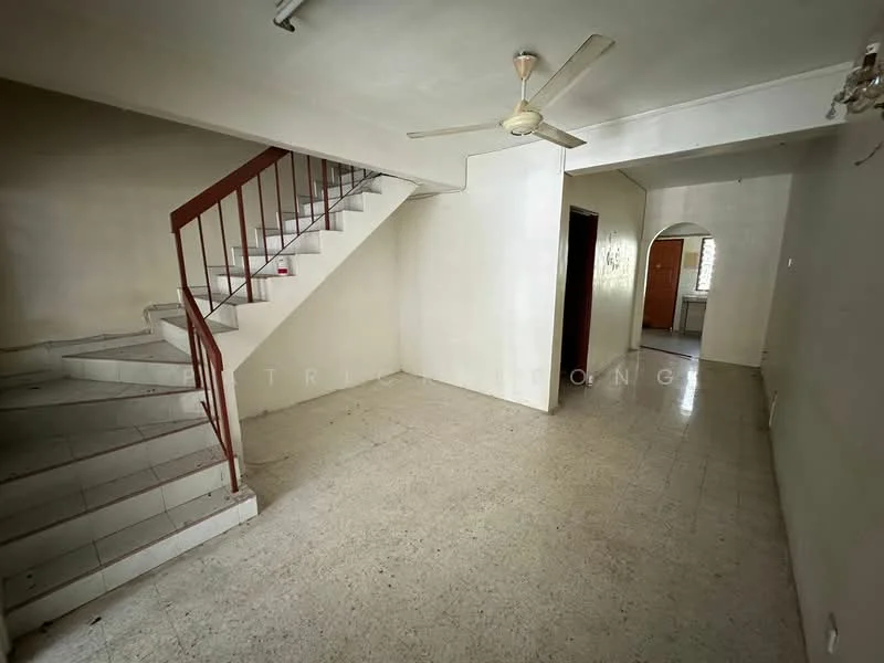 Room features: white painted walls, tile flooring, ceiling fan, staircase with metal railing, arched doorway, natural light from windows, open layout, neutral color scheme; style: minimalist.