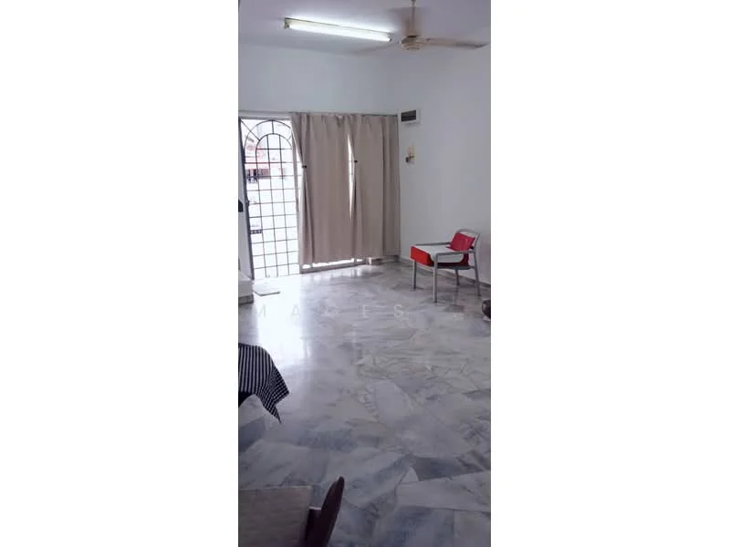Room features: marble flooring, white painted walls, ceiling fan, curtains, single chair, dining table, doorway, light fixture.