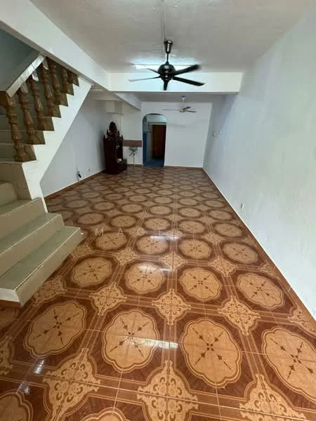 Living features: ceramic tile flooring with floral pattern, white painted walls, 5-blade ceiling fan, staircase with wooden railing, arched doorway, decorative wooden cabinet, recessed lighting, open layout; style: traditional.