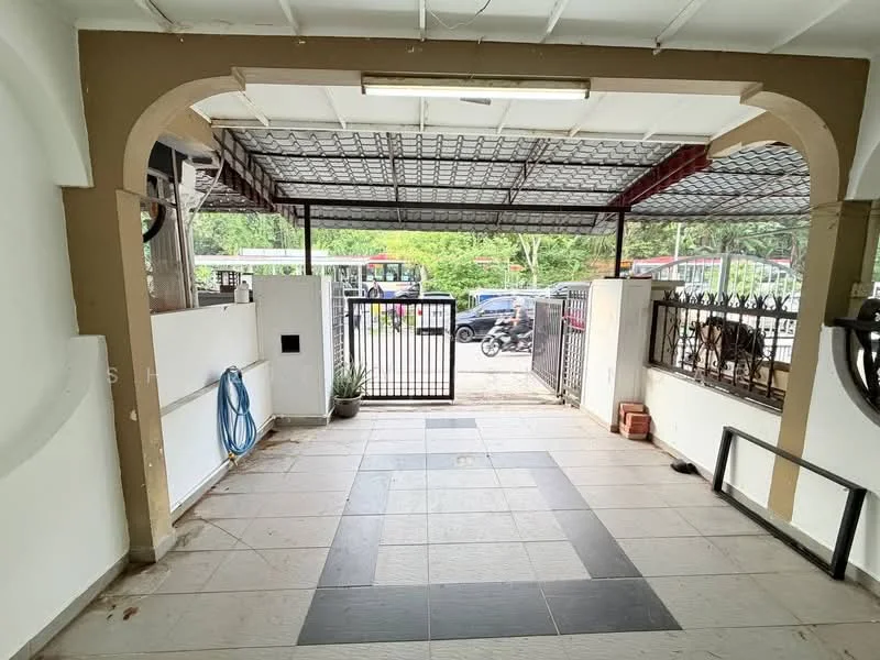 Exterior type: linked terrace house; features: covered car porch, metal roof, tiled flooring, security gate, fenced perimeter, manicured plants, open space, driveway, visible street access; style: modern.