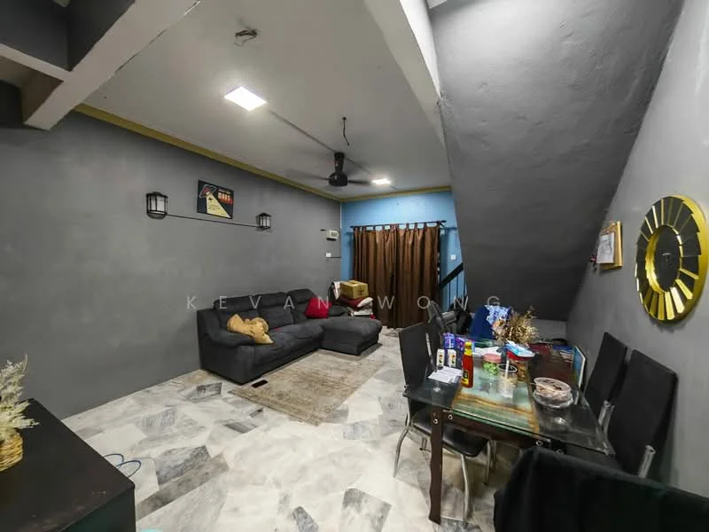 Living features: grey painted walls, marble tile flooring, 5-blade ceiling fan with light, sofa in dark fabric, coffee table, wall-mounted artwork, decorative wall clock, curtains in brown, dining table with chairs, decorative vase; style: modern.