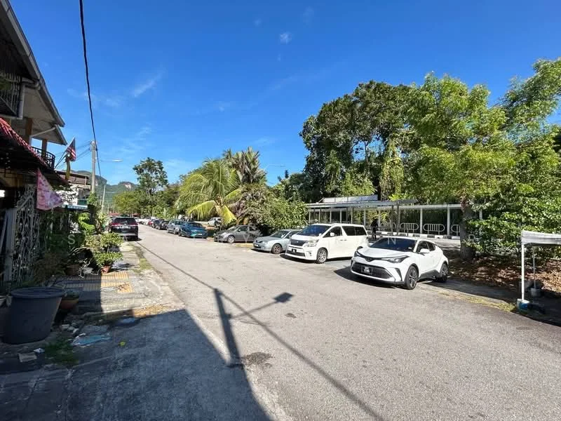 Exterior features: tree-lined street, paved road, multiple parked cars, tropical landscaping, clear blue sky, residential area, sidewalk, greenery.