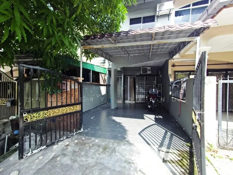 Exterior type: linked terrace house; features: covered car porch, slate tile flooring, metal gate, fence surrounding property, greenery with trees, air conditioning unit visible, open space, single-storey, gabled roof; style: modern.