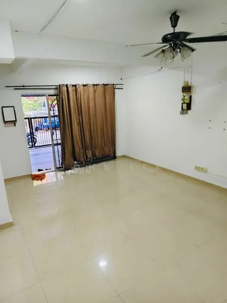 Living features: cream tiled flooring, white painted walls, ceiling fan with light, curtains in brown, sliding glass door, door to balcony, wall-mounted electrical panel, open layout.