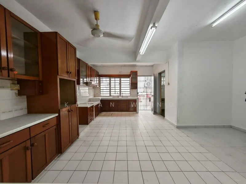 Kitchen features: brown wooden cabinetry, white countertop, double-bowl stainless-steel sink, chrome pull-down faucet, built-in oven, freestanding range oven, ceramic tile flooring, ceiling fan, window with security bars, wall-mounted light fixtures, open layout, tile backsplash, storage cabinets, open shelving; style: modern.