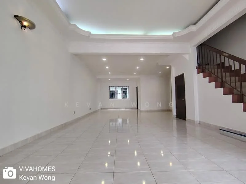 Room features: white painted walls, polished ceramic tile flooring, recessed downlights, crown moulding, staircase with wooden railing, large windows, open layout, high ceiling; style: modern.