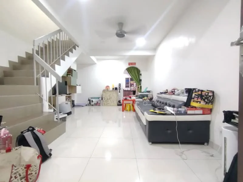 Living features: white painted walls, glossy ceramic tile flooring, 5-blade ceiling fan, large windows with green curtains, sectional sofa in grey, coffee table, TV console, decorative items on shelves, staircase leading to upper floor, open space layout; style: modern.