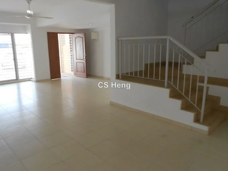 Room features: white painted walls, ceramic tile flooring, staircase with white railing, large windows for natural light, double-door main entrance, ceiling fan, open layout, neutral color scheme; style: modern.