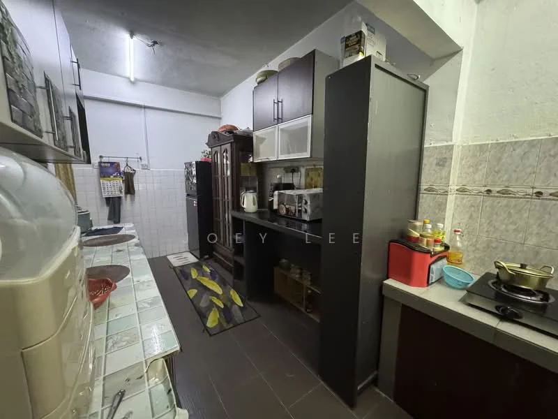 Kitchen features: dark wood cabinetry, white countertop, stainless-steel sink, built-in microwave, freestanding fridge, gas stove, tile backsplash, grey tile flooring, kitchen rug with fruit pattern, open shelving, wall-mounted cabinets, under-cabinet lighting; style: modern.