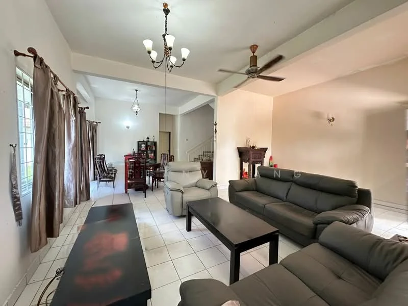 Living features: 3-seater leather sofa in grey, 2-seater leather sofa in grey, black coffee table, ceiling fan, chandelier, white painted walls, tile flooring, curtains, dining table with chairs visible in background; style: modern.