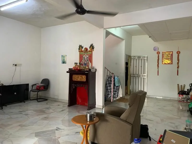 Living features: marble flooring, white painted walls, ceiling fan, sofa, coffee table, TV console, decorative altar, wall-mounted artwork, doorway to another room, open layout.