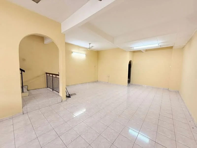 Room features: cream painted walls, white ceiling, ceramic tile flooring, arched doorways, 1 ceiling fan, 2 wall-mounted light fixtures, staircase with metal railing, open layout; style: minimalist.