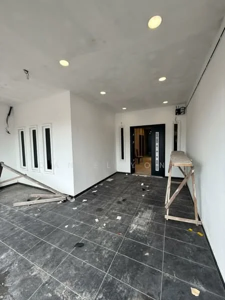 Exterior features: white painted walls, black tiled flooring, multiple small windows, recessed lighting, unfinished space, wooden support structure, entrance door, exposed wiring; style: modern.
