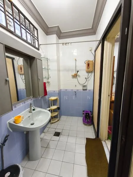 Bathroom features: white ceramic sink, chrome basin mixer faucet, shower with handheld showerhead, toilet, white tiled walls, blue tiled walls, white tiled flooring, mirror above sink, glass shelf, wooden shelving unit, red towel, shower curtain rod.
