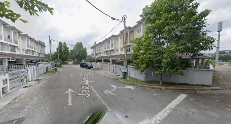 Exterior type: linked terrace house; features: two-storey linked terrace houses, paved road, street signage, manicured landscaping, mature trees, car parking spaces, fenced front yards, overhead power lines; style: modern.