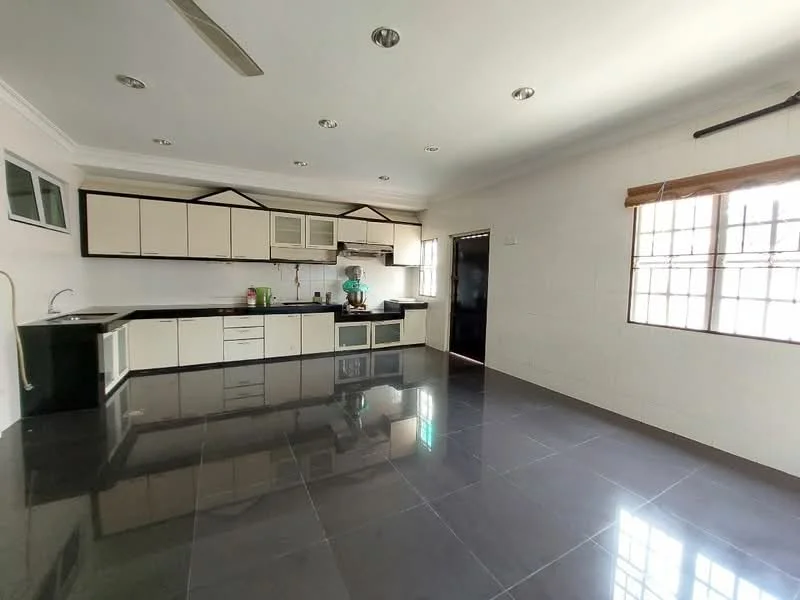 Kitchen features: black granite countertop, white cabinetry with flat-panel doors, stainless-steel sink, chrome pull-down faucet, built-in oven, freestanding range oven, microwave, ceramic tile flooring, recessed downlights, ceiling fan, window with wooden blinds, open layout, wall-mounted cabinets, kitchen island; style: modern.