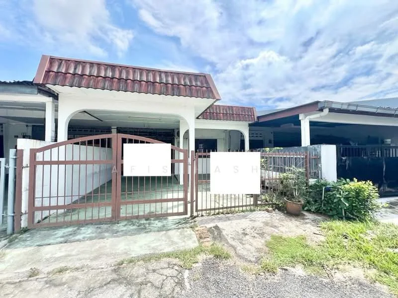 Exterior type: linked terrace house; features: gated entrance, red tiled roof, white painted facade, concrete driveway, manicured lawn, surrounded by greenery, single-storey, front porch; style: modern.