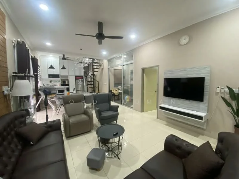 Living features: 3-seater leather sofa in dark brown, 2-seater fabric sofa in grey, coffee table with round top, wall-mounted TV, TV console with storage, ceiling fan with light, recessed downlights, cream painted walls, glossy tile flooring, decorative wall clock, framed artwork, large windows with sheer curtains; style: modern. Kitchen features: open-plan layout, white cabinetry, stainless-steel appliances, kitchen island, pendant lighting, black countertop, backsplash with tile cladding; style: modern.