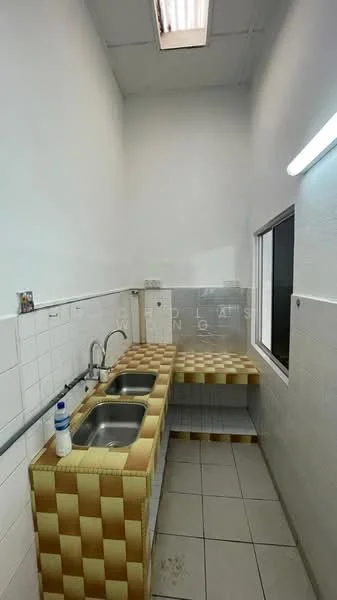 Kitchen features: double-bowl stainless-steel sink, chrome pull-down faucet, tiled countertop with checkerboard pattern, white tiled walls, white ceiling, fluorescent ceiling light, window for natural light, ceramic tile flooring.