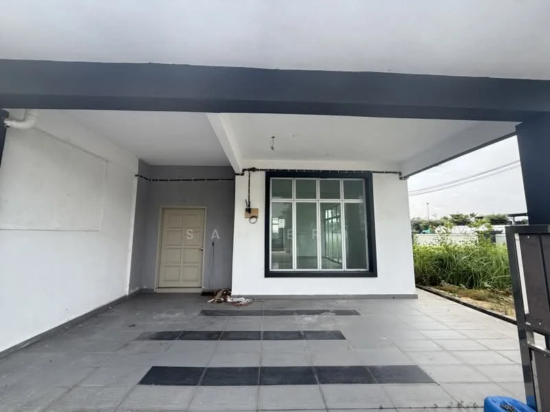 Exterior features: white painted facade, flat roof, large windows, grey tiled flooring, single main entrance door, exposed ceiling, surrounded by greenery, concrete pillars, outdoor space; style: modern.