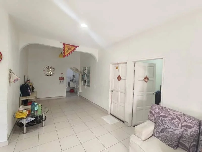 Living features: white painted walls, tile flooring, sofa with floral pattern, wooden coffee table, decorative wall mirror, recessed downlights, arched doorway, doorway leading to other rooms; style: modern.