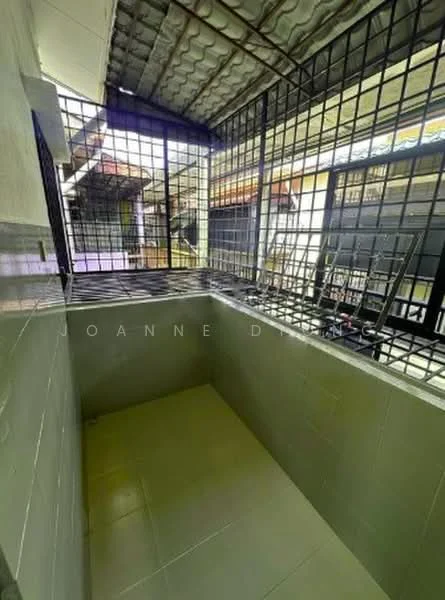 Room features: tiled flooring, grey tiled walls, metal grilles on windows, roof with corrugated metal sheets, open space, natural light from windows, no visible furniture, clean and minimalistic design; style: modern.