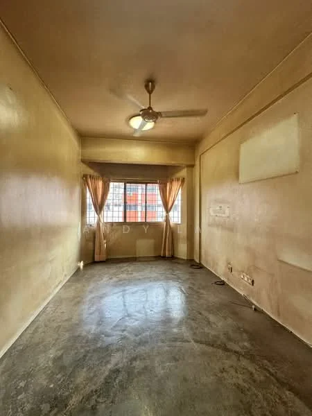 Room features: cream painted walls, concrete flooring, ceiling fan, window with metal grille, curtains, light fixture, power outlets, wall-mounted features.
