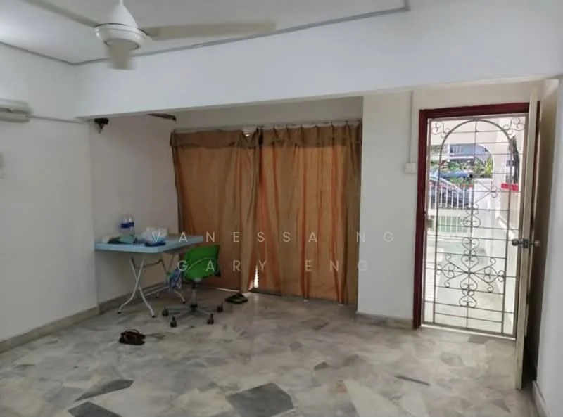 Room features: marble flooring, white painted walls, ceiling fan, 1 wall-mounted split AC, curtains, wooden door, security grille door, table, plastic chair.