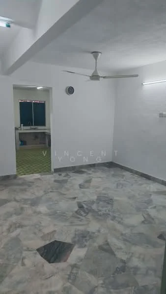 Room features: white painted walls, marble flooring, ceiling fan, recessed LED lighting, wall clock, doorway leading to another room.