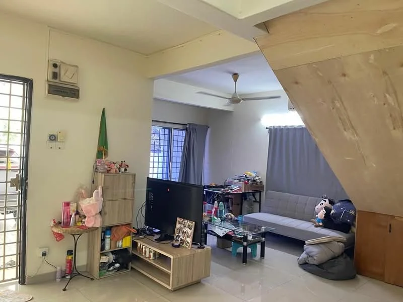 Living features: cream painted walls, white ceiling, 5-blade ceiling fan, wall-mounted split AC, floor-to-ceiling windows, grey curtains, 3-seater fabric sofa in grey, glass coffee table, TV console, decorative items on shelves, tile flooring; style: modern.
