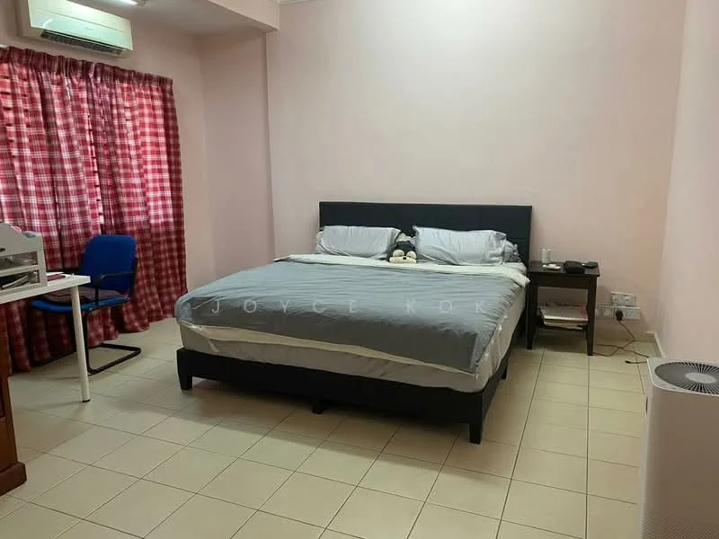 Bedroom features: king-size bed, upholstered headboard, bedside table, table lamp, study desk, blue office chair, window with red checkered curtains, wall-mounted air conditioning unit, tile flooring, light pink painted walls; style: modern.