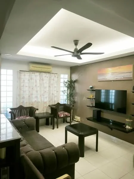 Living features: 5-blade ceiling fan with light, wall-mounted TV, black coffee table, 3-seater fabric sofa in grey, 2 armchairs, decorative wall shelf, framed artwork, white walls, tile flooring, curtains with floral pattern, air conditioning unit; style: modern.