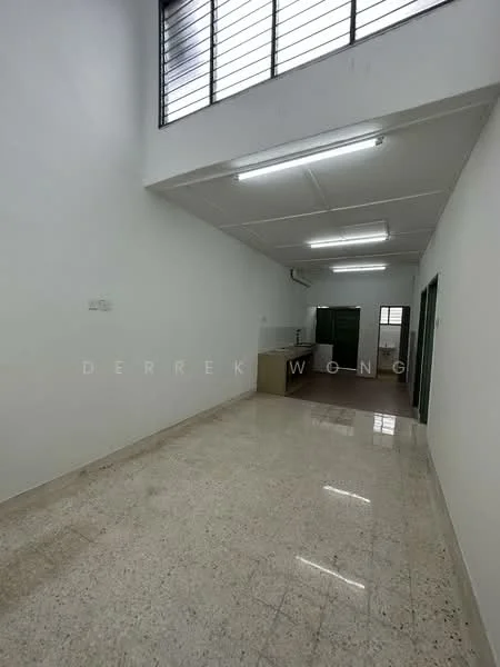 Room features: white painted walls, polished floor tiles, fluorescent ceiling lights, large windows with horizontal slats, open layout, no visible furniture, neutral color scheme, high ceiling; style: modern.