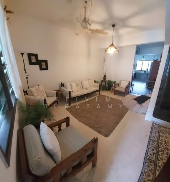 Living features: 3-seater fabric sofa in light color, 2-seater wooden sofa, area rug with neutral color, ceiling fan, pendant light fixture, wall-mounted decorative shelves, potted plants, wooden armchair, large windows with wooden frames; style: minimalist.