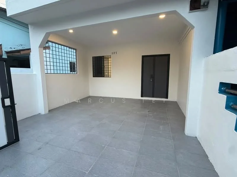 Exterior features: tiled flooring, white painted walls, black door, grill window, open space, exposed ceiling with recessed lighting; style: modern.